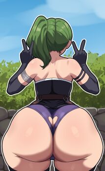 1girl armlet ass ass_focus back black_gloves clothing_cutout elbow_gloves freshnsfw from_behind gloves green_hair heart_cutout highres huge_ass jewelry long_hair panties side_ponytail sky solo sousou_no_frieren thick_thighs thighs third-party_edit ubel_(sousou_no_frieren) underwear wide_hips
