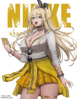 1girl :d absurdres animal_ears animal_print aqua_eyes arm_at_side artist_name black_choker black_scrunchie blonde_hair bra bra_peek bracelet breasts cellphone choker clothes_around_waist collarbone collared_shirt commentary copyright_name cowboy_shot earrings eyewear_hang fake_animal_ears fang fingernails floating_hair franz-art goddess_of_victory:_nikke gold_bracelet grey-framed_eyewear gyaru hair_between_eyes hair_ornament hairclip hand_up highres holding holding_phone hoop_earrings jacket jacket_around_waist jewelry large_breasts leopard_print long_hair long_sleeves looking_ahead miniskirt multiple_bracelets necklace onee_gyaru open_mouth pearl_bracelet pendant phone plaid_clothes plaid_skirt print_bra print_scrunchie rabbit_ears rupee_(nikke) scrunchie shirt simple_background skirt sleeves_rolled_up smartphone smile solo standing star_(symbol) star_print striped_clothes striped_jacket sunglasses tan thigh_strap underwear unworn_eyewear very_long_hair white_background white_shirt wrist_scrunchie yellow_bra yellow_jacket yellow_skirt