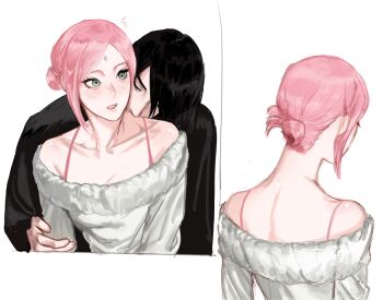 1boy 1girl affectionate alternate_hairstyle black_cloak black_hair boruto:_naruto_next_generations bra_strap breasts cloak closed_eyes commentary english_commentary facial_mark forehead_mark green_eyes hair_bun hair_over_one_eye haruno_sakura hetero highres husband_and_wife meomeorrrr naruto_(series) off-shoulder_shirt off_shoulder pink_hair shirt single_hair_bun small_breasts uchiha_sasuke