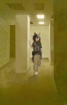 1girl animal_ears backrooms_(creepypasta) bag black_bag bracelet brown_hair casual ceiling_light commentary ear_covers english_commentary fanny_pack grey_shirt hair_between_eyes highres horse_ears horse_girl horse_tail jewelry looking_to_the_side multicolored_hair pants patterned_legwear rara_(nukoplush) shadow shirt shoes solo stay_gold_(casual)_(umamusume) stay_gold_(umamusume) streaked_hair tail umamusume walking wallpaper_(object) white_shoes white_streaks yellow_pants