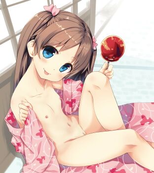 1girl absurdres blue_eyes brown_hair candy_apple cleft_of_venus cura female_focus food fruit head head_tilt highres holding holding_unworn_clothes loli long_hair looking_at_viewer monobeno nude nude_filter off_shoulder open_clothes pussy sawai_natsuha sitting solo third-party_edit