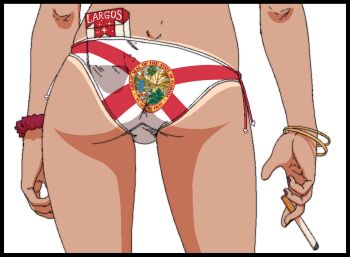 1girl ass ass_focus bikini bracelet cigarette cigarette_pack commentary death_by_lolis deko_(death_by_lolis) english_commentary from_behind highres holding holding_cigarette jewelry lower_body original scrunchie side-tie_bikini_bottom solo swimsuit tan tanline white_bikini wrist_scrunchie