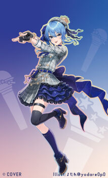 Rule 34 | 1girl, :p, arms up, artist name, asymmetrical dress, asymmetrical legwear, belt, beret, bibbidiba (hololive), black gloves, black shoes, black thighhighs, blue belt, blue bow, blue choker, blue eyes, blue hair, blue nails, blue socks, bow, bracelet, breasts, buttons, choker, commentary request, company name, copyright notice, crossed wrists, crown, double-breasted, dress, fingernails, frills, gloves, gold crown, grey dress, grey hat, hair between eyes, hat, hololive, hoshimachi suisei, hoshimachi suisei (1st costume), itsumono katze, jewelry, mismatched legwear, nail polish, official art, outline, partially fingerless gloves, plaid clothes, plaid dress, plaid hat, pointing, shoes, side ponytail, small breasts, socks, solo, standing, standing on one leg, star (symbol), star in eye, symbol in eye, thigh strap, thighhighs, three-quarter sleeves, tongue, tongue out, uneven eyes, virtual youtuber