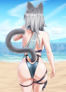 Rule 34 | 1girl, absurdres, animal ear fluff, animal ears, aqua hair, ass, back, beach, cat ears, cat fantasy, cat girl, cat tail, fon (cat fantasy), gradient hair, grey hair, highres, long hair, multicolored hair, ponytail, simple background, swimsuit, tail, takie arts, thighs