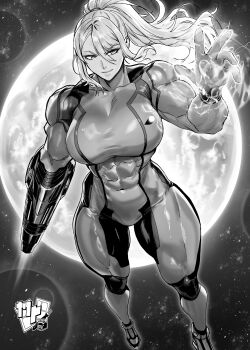 abs absurdres arm_cannon bodysuit electricity ericmartindood floating_hair highres lightning long_hair metroid muscular muscular_female nintendo planet samus_aran smile star_(sky) thick_thighs thighs tight_clothes weapon zero_suit