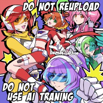 5girls anno_(bambi1103no) armor assault_visor blonde_hair blue_eyes blue_hair breasts commentary_request crop_top freyja_wion glasses gloves green_eyes green_hair hair_between_eyes hair_ornament heart heart_hair_ornament highres jewelry kaname_buccaneer large_breasts long_hair looking_at_viewer macross macross_delta makina_nakajima medium_breasts midriff mikumo_guynemer multicolored_hair multiple_girls open_mouth orange_hair pink_hair power_armor purple_eyes purple_hair red_eyes red_hair reina_prowler scarf science_fiction screen short_hair short_sleeves shorts smile twintails two-tone_hair very_long_hair visor_(armor) walkure_(macross_delta)