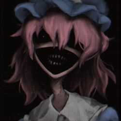 Rule 34 | 1girl, black background, black eyes, blue mob cap, commentary, english commentary, hair between eyes, hat, hollow eyes, horror (theme), lad der, long neck, looking at viewer, medium hair, mob cap, monster, open mouth, pink hair, portrait, red pupils, saigyouji yuyuko, simple background, smile, solo, teeth, touhou