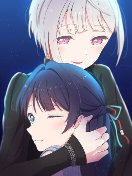 2girls :d absurdres blue_eyes blue_hair blue_ribbon blue_sky blue_sweater_vest commentary_request grey_hair hair_ribbon half_updo highres hug light_particles link!_like!_love_live! long_hair looking_at_another love_live! multicolored_hair multiple_girls murano_sayaka murano_sayaka_(winter_loungewear) night one_eye_closed open_mouth pink_eyes red_hair red_ribbon ribbon shirane_nanimo sky smile star_(sky) starry_sky streaked_hair sweater_vest virtual_youtuber yugiri_tsuzuri yugiri_tsuzuri_(post-graduation)