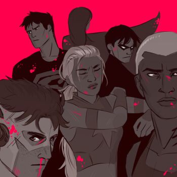 2girls 4boys alien aqua_lad artemis_crock artist_request black_hair blonde_hair cape cartoon_network dark_skin dc_comics dick_grayson freckles injury kaldur'ahm kid_flash kon-el limited_palette mask midriff miss_martian monochrome multiple_boys multiple_girls ponytail robin_(dc) s-shield simple_background sleeveless source_request spot_color superboy wally_west young_justice:_invasion