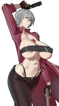 1girl absurdres black_gloves black_pants breasts cloudy_rain4 dante_(devil_may_cry) devil_may_cry_(series) fingerless_gloves genderswap genderswap_(mtf) gloves grey_hair gun handgun highres jacket jewelry large_breasts necklace pants red_jacket red_nails strapless tagme tube_top weapon