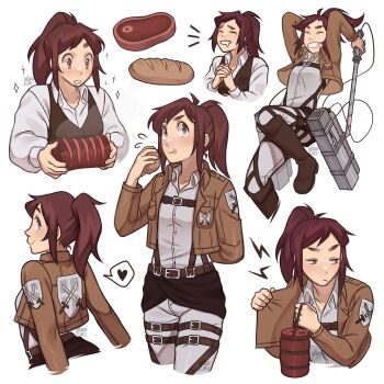 1girl :/ black_vest bread breasts brown_eyes brown_hair brown_jacket clenched_teeth commentary drooling eating emblem english_commentary food gluca highres holding holding_food holding_weapon jacket meat own_hands_clasped own_hands_together paradis_military_uniform ponytail sasha_blouse shingeki_no_kyojin shirt sidelocks signature small_breasts smile sparkle teeth thigh_strap three-dimensional_maneuver_gear training_corps_(emblem) vest weapon white_shirt