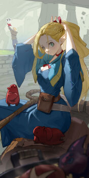! !! 1boy 1girl blonde_hair blue_capelet blue_dress braid breasts capelet choker cleavage commentary_request creature dress dungeon_meshi elf forehead from_side green_eyes half_up_braid hands_up highres laios_touden long_hair looking_at_viewer looking_to_the_side mage_staff marcille_donato parted_lips pointy_ears red_choker sitting solo_focus staff tying_hair vafar7 waist_bag