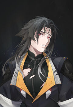 Rule 34 | 1boy, absurdres, black hair, black jacket, chinese clothes, commentary request, dark background, facial mark, forehead mark, head tilt, highres, jacket, long hair, looking to the side, male focus, parted bangs, parted lips, qingkefu yixia, red eyes, solo, sweat, transformation, upper body, ye shiyuan, zenless zone zero