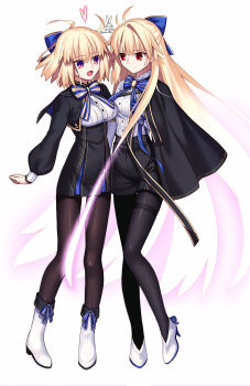 2girls archetype_earth arcueid_brunestud aro_1801 blonde_hair blush breasts dual_persona fate/grand_order fate_(series) highres large_breasts long_hair long_sleeves looking_at_another multiple_girls open_mouth purple_eyes red_eyes short_hair smile very_long_hair