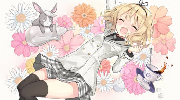 1girl :d ^_^ arm_up azuuru_(azure0608) black_thighhighs blazer blonde_hair blush buttons closed_eyes coffee coffee_pot cup daisy_(flower) double-breasted floral_background flower gochuumon_wa_usagi_desu_ka? hair_ribbon highres jacket kirima_syaro necktie open_mouth plaid_clothes plaid_skirt rabbit ribbon saucer school_uniform short_hair skirt smile spoon sugar_cube teacup thighhighs wild_geese