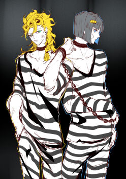 Rule 34 | 2boys, alternate costume, bandage on cheek, birthmark, black hair, blonde hair, blue eyes, blue outline, blunt bangs, bob cut, braid, bruno bucciarati, chain, chained, commentary request, cuffs, giorno giovanna, green eyes, hair ornament, hand in pocket, highres, joestar birthmark, jojo no kimyou na bouken, long hair, luminous slime, male focus, multiple boys, outline, prison, prison clothes, prisoner, shackles, short hair, vento aureo, victory rolls, yellow outline
