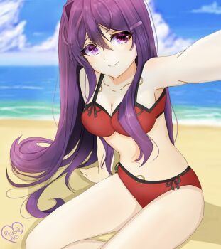1girl alternate_costume armpits artist_logo artist_name beach bikini breasts cleavage cloud cloudy_sky collarbone doki_doki_literature_club eyebrows_hidden_by_hair eyelashes_through_hair hair_between_eyes hair_intakes logo long_hair marsieart navel ocean purple_eyes purple_hair red_bikini ribbon sand skindentation sky smile swimsuit very_long_hair water yuri_(doki_doki_literature_club)