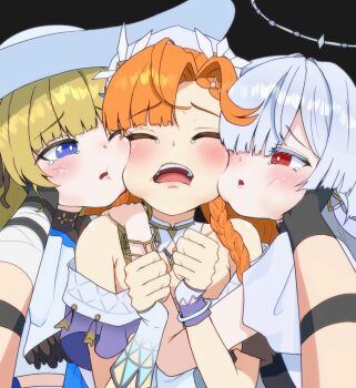 4girls absurdres bandaged_arm bandages bare_shoulders black_gloves blonde_hair blue_eyes blush braid cheek_press closed_eyes facing_viewer female_rover_(wuthering_waves) fingerless_gloves gloves hands_on_another's_face hat highres long_hair looking_at_another mornye_(wuthering_waves) multiple_girls one_eye_closed open_mouth orange_hair phoebe_(wuthering_waves) pov puffy_cheeks red_eyes rover_(wuthering_waves) sigrika_(wuthering_waves) simple_background smile syka_ww tearing_up teeth twin_braids upper_teeth_only white_gloves white_hair white_hat wuthering_waves