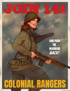 1girl ammunition ammunition_belt ammunition_pouch blue_eyes brown_hair cape cloud cloudy_sky commentary commission deltamagna english_commentary english_text facing_to_the_side fingernails gun helmet highres holding holding_weapon jacket lipstick long_hair looking_at_viewer makeup military_uniform nail_polish nose pants poster_(medium) pouch red_lips rifle simple_background sky smile solo solo_focus suspenders teeth title trigger_discipline weapon