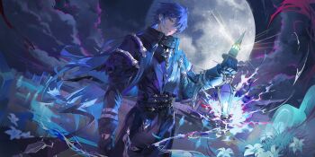 1boy absurdres antenna_hair black_coat blue_fire blue_hair buri_(retty9349) cloud coat collared_coat dutch_angle fire flins_(genshin_impact) genshin_impact gloves high_collar highres holding holding_lamp holding_lantern lantern long_hair moon night night_sky outdoors sky solo standing yellow_eyes