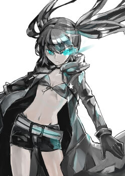 1girl absurdres belt bikini black_coat black_gloves black_hair black_rock_shooter black_rock_shooter_(character) black_shorts blue_eyes blue_fire coat commentary_request fire flaming_eye front-tie_bikini_top front-tie_top gloves glowing glowing_eye highres long_hair open_clothes open_coat pale_skin reina10000 shorts star_(symbol) swimsuit twintails white_background