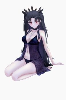 1girl babydoll bare_shoulders black_babydoll black_choker black_hair black_panties breasts choker closed_mouth earrings eiundmarmalade fate/grand_order fate_(series) full_body gold_earrings highres hoop_earrings ishtar_(fate) jewelry lingerie long_hair looking_at_viewer medium_breasts navel panties red_eyes seiza simple_background sitting smile solo stomach thighs tiara underwear very_long_hair white_background