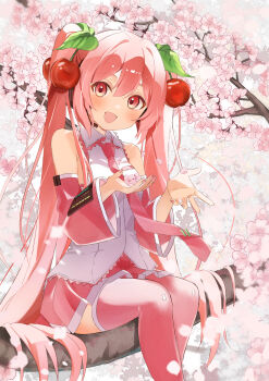 1girl :d absurdres blush branch cherry_blossoms cherry_hair_ornament collared_shirt commentary day detached_sleeves feet_out_of_frame food-themed_hair_ornament frilled_shirt frills from_side hair_ornament hatsune_miku headset highres holding holding_petal in_tree legs_together long_hair long_sleeves looking_at_viewer meruko-san microphone miniskirt nail_polish necktie open_mouth outdoors petals pink_eyes pink_hair pink_nails pink_necktie pink_skirt pink_sleeves pink_thighhighs pleated_skirt sakura_miku shirt sidelocks sitting sitting_in_tree skirt sleeveless sleeveless_shirt smile solo symbol-only_commentary thighhighs tie_clip tree twintails v very_long_hair vocaloid white_shirt zettai_ryouiki