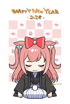 1girl 2026 agnes_digital_(umamusume) animal_ears black_robe blush bow closed_eyes closed_mouth commentary_request daruma_doll facing_viewer flower hair_bow happy_new_year horse_ears horse_girl japanese_clothes kimono koruri long_hair new_year pink_hair robe seiza sitting solo umamusume white_kimono