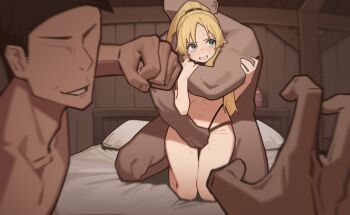 1girl 3boys absurdres albaz_(yu-gi-oh!) armlet barefoot blonde_hair blue_eyes breasts commentary commission dark-skinned_male dark_skin duel_monster ecclesia_(yu-gi-oh!) fallen_of_albaz high_ponytail highres incoming_attack incoming_punch indoors jewelry long_hair medium_breasts multiple_boys on_bed pixiv_commission ponytail pov punching restrained symbol-only_commentary wepwawet yu-gi-oh!