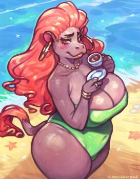 1girl animal_ears beach blush bracelet breasts cleavage covered_erect_nipples cowboy_shot cup curvy cyancapsule drinking_glass earrings eyeshadow from_above furrowed_brow furry furry_female gold_bracelet gold_earrings gold_necklace gold_ring green_eyeshadow green_one-piece_swimsuit hippo_girl hippopotamus_ears hippopotamus_tail holding holding_cup holding_saucer hoop_earrings jewelry large_breasts long_hair looking_at_viewer makeup necklace one-piece_swimsuit orange_hair original saucer smile starfish strapless strapless_one-piece_swimsuit swimsuit tail tea teacup water wide_hips