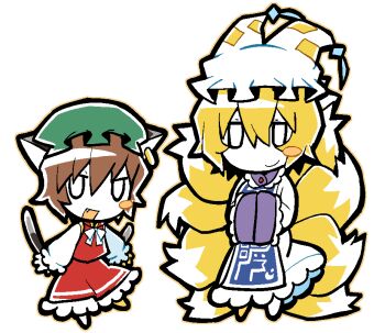 2girls animal_ear_piercing animal_ears bakeneko barefoot blonde_hair blue_tabard blush_stickers bow bowtie brown_hair buttons cat_ears cat_girl cat_tail chen chibi closed_mouth collared_dress collared_vest colored_skin contrast_collar dress ear_covers fang fox_girl fox_tail frilled_dress frilled_headwear frilled_skirt frilled_sleeves frills green_hat hair_between_eyes happy hat hat_tassel height_difference high_collar kitsune kokum0tsu long_dress long_skirt long_sleeves mob_cap multiple_girls multiple_tails ofuda ofuda_on_clothes open_mouth outline own_hands_together pleated_skirt puffy_long_sleeves puffy_sleeves red_skirt red_vest shirt short_hair simple_background single_blush_sticker skirt sleeves_past_fingers sleeves_past_wrists smile standing tabard tail touhou two_tails vest white_background white_bow white_bowtie white_dress white_eyes white_hat white_shirt white_skin wide_sleeves yakumo_ran yellow_outline