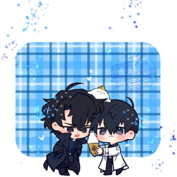 Rule 34 | 2boys, animal, animal on head, biyoo (omniscient reader's viewpoint), black coat, black eyes, black hair, black shirt, coat, collared shirt, commentary, double-parted bangs, english commentary, food, hair between eyes, hands in pockets, highres, holding, holding food, holding ice cream, ice cream, kim dokja, kimidori 22, leaning forward, male focus, multiple boys, offering food, omniscient reader's viewpoint, on head, open clothes, open coat, popped collar, sharing food, shirt, short hair, smile, white coat, yoo joonghyuk