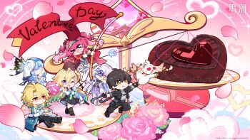 Rule 34 | > <, 2boys, 4girls, abby (wuthering waves), absurdres, black hair, black jacket, blonde hair, blue hair, blue veil, commentary request, cup, happy valentine, highres, holding, holding cup, jacket, long hair, lupa (wuthering waves), luuk herssen (wuthering waves), lynae (wuthering waves), male rover (wuthering waves), mornye (wuthering waves), multiple boys, multiple girls, official art, open mouth, petals, pink hair, pink petals, rover (wuthering waves), scales, shorekeeper (wuthering waves), smile, two-tone veil, veil, white veil, wuthering waves, yellow eyes