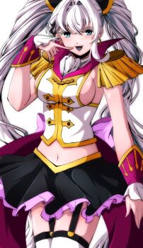 1girl :d akane_kazami black_skirt blue_eyes breasts catherine_sabathra catherine_sabathra_(cosplay) code_geass commentary cosplay english_commentary epaulettes fangs frilled_skirt frills garter_straps grey_hair hair_intakes highres looking_at_viewer navel open_mouth second-party_source sideboob simple_background skirt smile solo spectra_libitina thighhighs tongue v&amp;u_entertainment virtual_youtuber white_background white_thighhighs