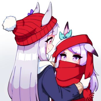 Rule 34 | 2girls, animal ears, beanie, blue coat, blunt bangs, blush, bow, coat, ear bow, ears through headwear, gloves, gold ship (umamusume), grey hair, hat, highres, horse ears, horse girl, kitnoko, long hair, looking at another, mejiro mcqueen (umamusume), multiple girls, pom pom (clothes), pom pom beanie, purple bow, purple eyes, purple hair, red scarf, scarf, school uniform, simple background, smile, tracen school uniform, tracen winter coat, umamusume, white background, white gloves, winter clothes, winter coat, winter uniform