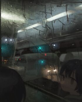 1girl absurdres black_hair bus_interior car closed_mouth dark expressionless highres looking_outside motor_vehicle muji_(uimss) night original rain reflection reflection_focus short_hair solid_eyes solo vehicle_interior window