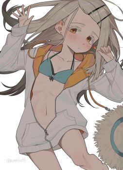 1girl aqua_bikini arms_up bikini black_bikini blonde_hair blush breasts cleavage collarbone colored_eyelashes cowboy_shot earrings flipped_hair front-tie_bikini_top front-tie_top gakuen_idolmaster hair_ornament hairclip hat head_tilt highres hood hooded_jacket idolmaster jacket jewelry layered_bikini long_hair long_sleeves looking_at_viewer midriff multicolored_jacket navel noko_(nowako33) open_clothes open_jacket orange_eyes orange_jacket parallel_hairclips quilted_jacket ribs shinosawa_hiro shy simple_background small_breasts solo straw_hat stud_earrings sweatdrop swimsuit twitter_username two-sided_fabric two-sided_jacket white_background white_jacket