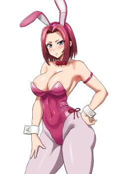 1girl absurdres animal_ears armlet blue_eyes bow bowtie breasts cleavage code_geass cowboy_shot detached_collar egorlox fake_animal_ears female_focus hairband highleg highleg_leotard highres jewelry kouzuki_kallen large_breasts leotard pantyhose pink_leotard pink_pantyhose playboy_bunny rabbit_ears red_bow red_bowtie red_hair short_hair side-tie_leotard simple_background solo standing strapless strapless_leotard thick_thighs thighs white_background wrist_cuffs