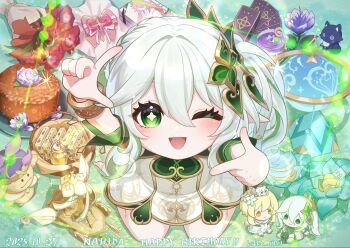 1girl ;d aranara_(genshin_impact) blue_flower blush bouquet bracelet candied_ajilenakh_nut_(genshin_impact) character_doll character_name commentary_request dated detached_sleeves doll dress finger_frame fingernails flower genshin_impact gold_trim gradient_hair green_eyes green_hair green_sleeves hair_between_eyes hair_ornament happy_birthday highres jewelry kalpalata_lotus kikka_0141 long_hair looking_at_viewer lumine_(genshin_impact) multicolored_hair nahida_(genshin_impact) one_eye_closed open_mouth padisarah_flower pointy_ears purple_flower scaramouche_(cat)_(genshin_impact) scaramouche_(genshin_impact) side_ponytail smile solo symbol-shaped_pupils twitter_username white_dress white_hair