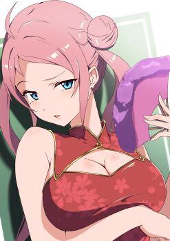 1girl absurdres alternate_costume bare_shoulders blue_eyes breasts chinese_clothes commentary_request hand_fan highres holding holding_fan large_breasts long_hair love_live! love_live!_nijigasaki_high_school_idol_club mole mole_under_eye open_mouth pink_hair solo upper_body zasshoku_ojisan zhong_lanzhu