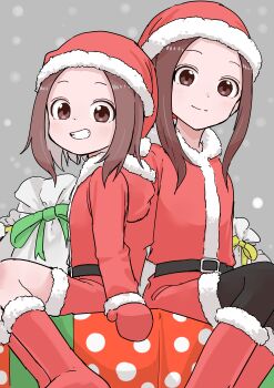 2girls absurdres aged_up belt black_belt black_pantyhose boots box brown_eyes brown_hair christmas commentary_request gift gloves green_ribbon grey_background grin hat highres inaba_mifumi karakai_jouzu_no_(moto)_takagi-san karakai_jouzu_no_takagi-san long_hair looking_at_viewer medium_hair mother_and_daughter multiple_girls nishikata_chii on_box pantyhose red_footwear red_gloves ribbon sack santa_costume santa_hat sidelocks sitting sitting_on_box smile snowing takagi-san yellow_ribbon