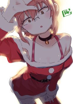 1girl armpits bare_shoulders bell belt brown_eyes choker christmas collar dress flat_chest glasses jingle_bell jingle_bell_collar kobayashi-san_chi_no_maidragon kobayashi_(maidragon) looking_at_viewer open_mouth red_hair reiwa_rerere santa_costume santa_dress short_dress solo thighhighs