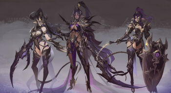 3girls asymmetrical_dual_wielding asymmetrical_footwear bare_shoulders black_boots black_hair boots breasts cleavage clothing_cutout contrapposto covered_navel dark-skinned_female dark_elf dark_skin dual_wielding elf extra_ears forked_tongue full_body hair_over_one_eye high_heel_boots high_heels high_ponytail highres holding holding_shield holding_weapon holding_whip large_breasts leotard long_hair long_tongue looking_at_viewer medium_breasts mismatched_footwear multiple_girls navel o-ring o-ring_top original pelvic_curtain pointy_ears ponytail purple_hair purple_leotard shield single_thigh_boot smjim1986 stomach_cutout thigh_boots tongue very_long_hair weapon