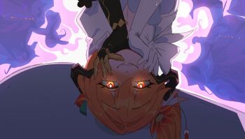 1girl asymmetrical_gloves black_gloves breasts cleavage commentary constance_(honkai:_star_rail) constance_(honkai:_star_rail)_(cosplay) cosplay english_commentary gloves glowing glowing_eyes grin guinaifen_(honkai:_star_rail) highres honkai:_star_rail honkai_(series) horns looking_at_viewer mismatched_gloves orange_eyes orange_hair smile solo unfamousradish upper_body white_gloves