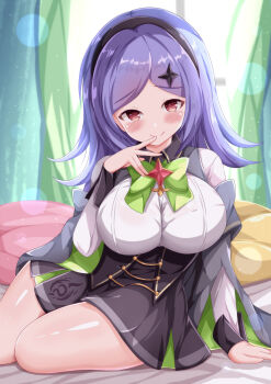 1girl bed_sheet black_hairband black_skirt blush breasts closed_mouth commentary_request curtains cushion day hair_ornament hairband highres indoors iris_(stella_sora) large_breasts long_hair long_sleeves looking_at_viewer parted_bangs purple_eyes purple_hair shirt sitting skirt smile solo star_(symbol) star_hair_ornament stella_sora sunlight thighs white_shirt window xenon_(for_achieve)