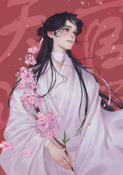 Rule 34 | 1boy, absurdres, arms at sides, bandaged neck, bandaged wrist, bandages, bishounen, black hair, branch, cherry blossoms, chinese clothes, collarbone, cowboy shot, curtained hair, dfrs5748, eyelashes, falling petals, floating hair, flower, hair bun, hanfu, head tilt, highres, holding, holding branch, leaf, light smile, long hair, looking afar, male focus, motion blur, parted bangs, parted lips, petals, pink flower, pink petals, plant, puffy lips, red background, sash, simple background, single hair bun, straight hair, teeth, text background, tianguan cifu, translation request, very long hair, white hanfu, white sash, wide sleeves, xie lian, yellow eyes