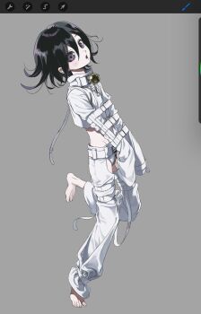 1boy alternate_costume art_program_in_frame barefoot bell belt black_hair blush bound bound_arms commentary danganronpa_(series) danganronpa_v3:_killing_harmony flipped_hair from_side grey_background hair_between_eyes highres long_sleeves looking_at_viewer male_focus multiple_belts muted_color neck_bell oma_kokichi open_mouth purple_eyes short_hair simple_background skinny sleeves_past_fingers sleeves_past_wrists solo standing standing_on_one_leg straitjacket strap symbol-only_commentary thigh_strap usagi_mi_nagi white_belt