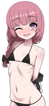 1girl ;d alternate_costume arms_behind_back bare_shoulders bikini black_bikini black_bow blunt_bangs blush bocchi_the_rock! bow braid breasts clothes_down commentary_request fang hair_bow halulu highres hiroi_kikuri jacket long_hair looking_at_viewer navel one_eye_closed open_clothes open_jacket open_mouth pink_hair purple_eyes ringed_eyes simple_background single_braid small_breasts smile solo stomach swimsuit upper_body white_background