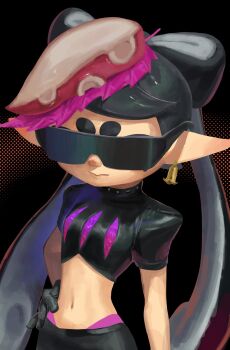 1girl black_hair breasts callie_(octo_idol_outfit)_(splatoon) callie_(splatoon) crop_top earrings gloves habu_takumi hand_on_own_hip inkling jewelry nintendo pointy_ears short_sleeves splatoon_(series) splatoon_2 sunglasses tentacle_hair twintails white_hair