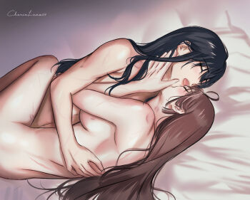 2girls artist_name bite_mark bite_mark_on_breast bite_mark_on_neck bite_mark_on_shoulder bite_mark_on_thigh black_hair breasts brown_hair cherie_luna chief_(path_to_nowhere) closed_eyes commentary completely_nude english_commentary female_chief_(path_to_nowhere) hand_on_another&#039;s_back hand_on_another&#039;s_neck highres large_breasts long_hair lying multiple_girls nude on_side open_mouth original path_to_nowhere rahu_(path_to_nowhere) scar scar_on_arm scar_on_leg yuri